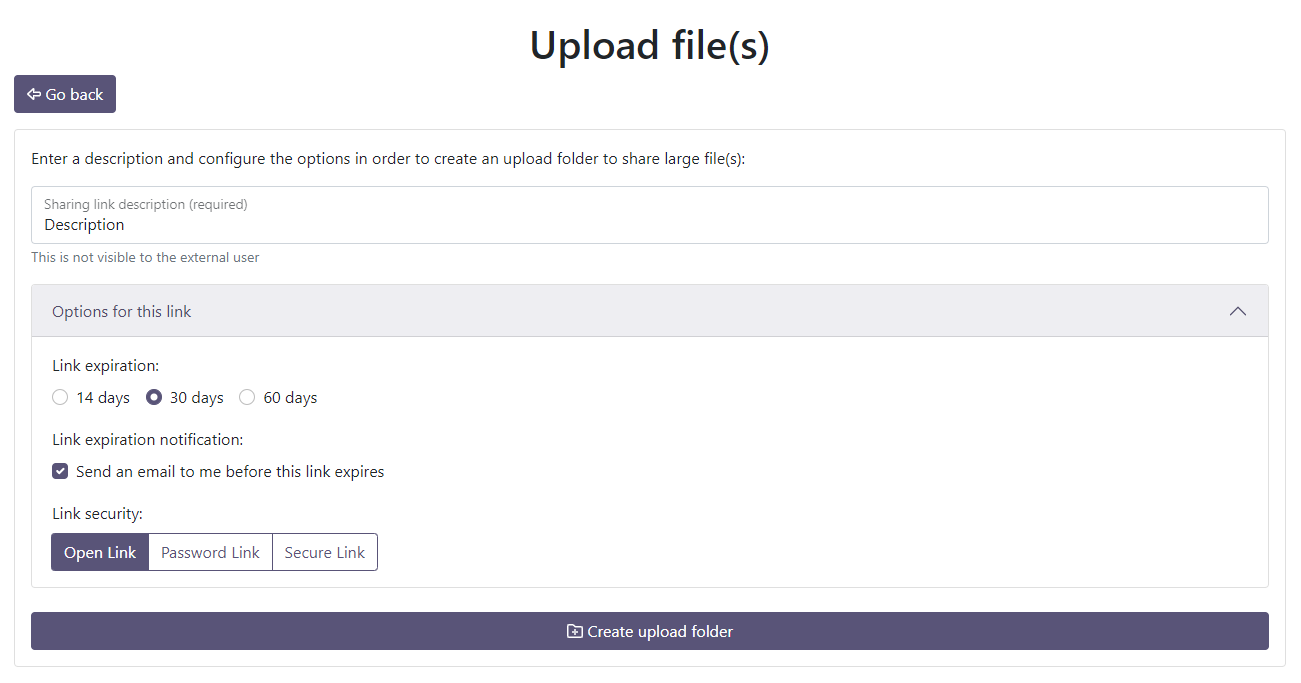 Screenshot of the create upload folder screen