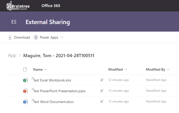 Screenshot showing the SharePoint download folder generated via the External Sharing Portal