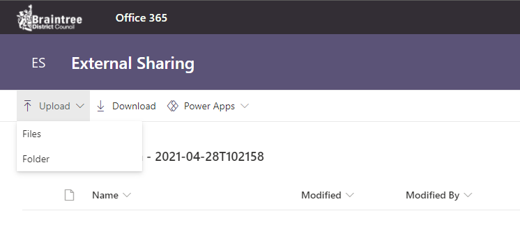 Screenshot showing the SharePoint upload folder generated via the External Sharing Portal